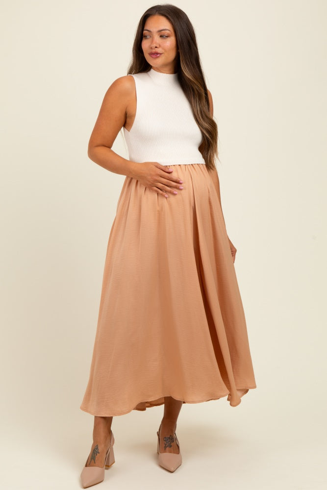 Beige Sleeveless Half Sweater And Satin Skirt Midi Maternity Dress