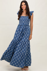 Denim Off White Floral Embroidered Tiered Maxi Dress