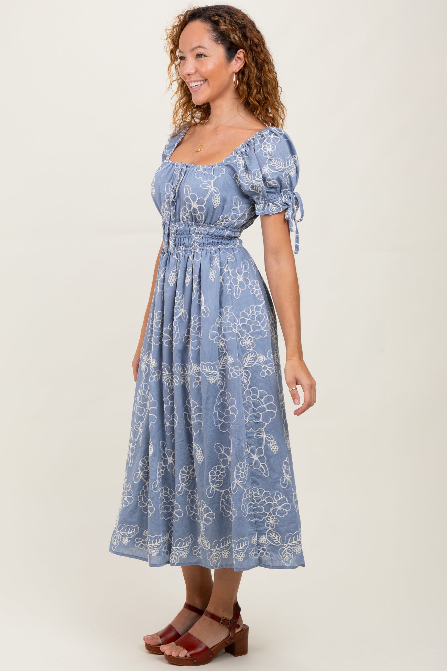 Denim Blue Floral Embroidered Midi Dress
