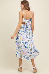 Ivory/Blue Leaf Printed Contrast Piping Detail Maternity Midi Dress