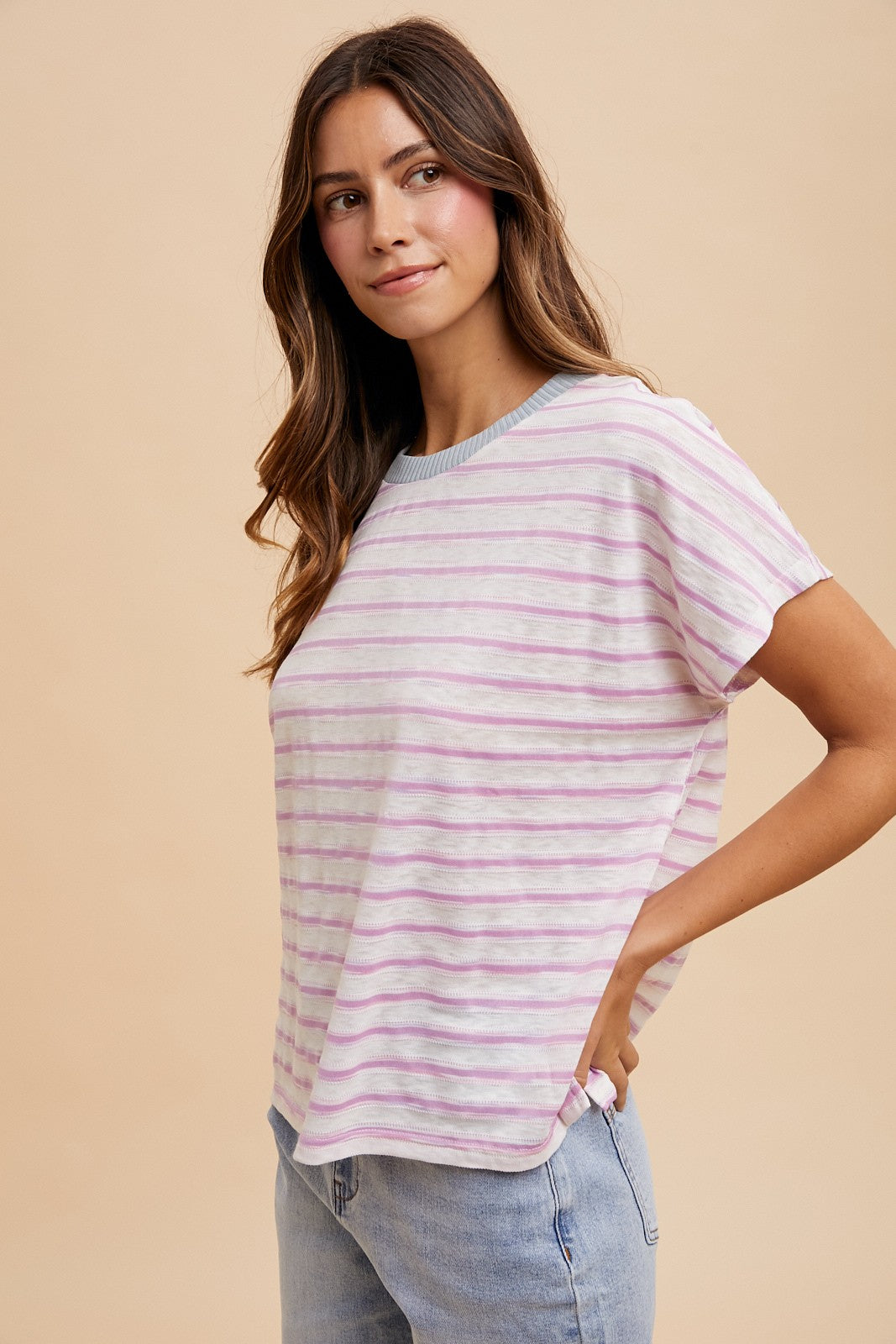 Pink Combo Contrast Neck Band Striped Slub Jersey T Shirt