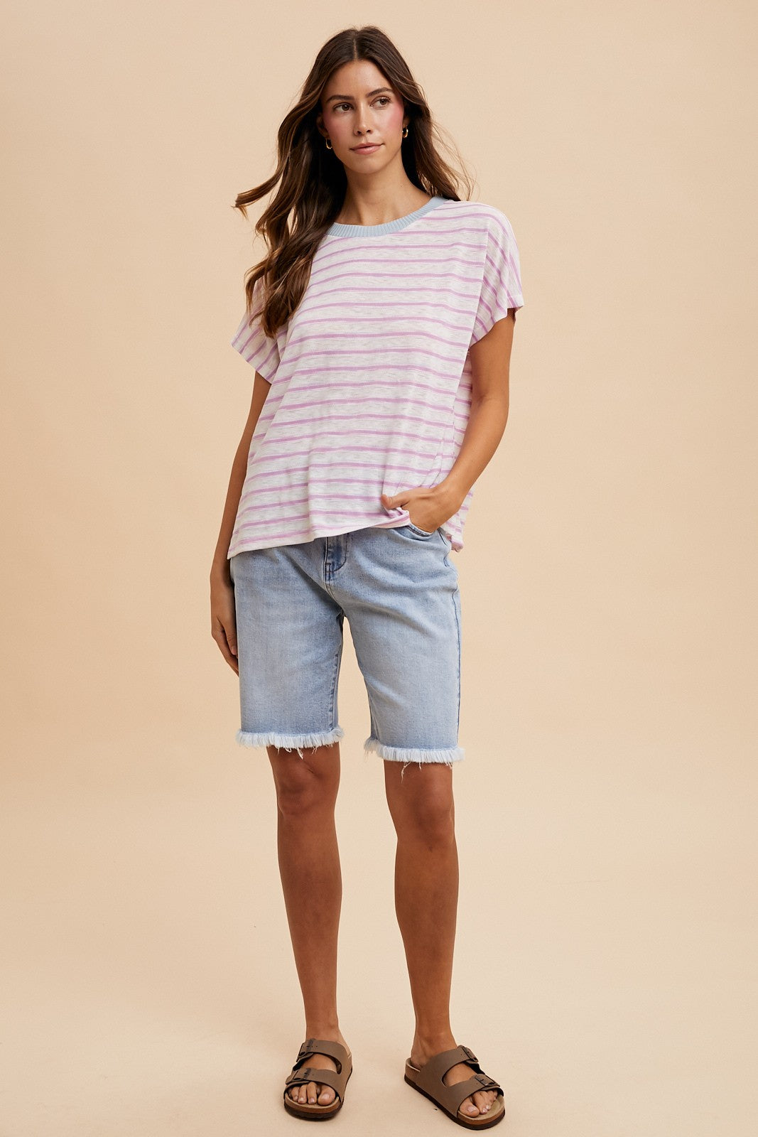 Pink Combo Contrast Neck Band Striped Slub Jersey T Shirt