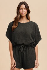 Black Textured Modal Knit Loose Fit Top & Shorts Set