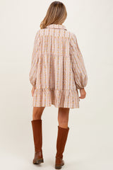 Tan Floral Print Shirring Half Buttoned Maternity Shirt Dress