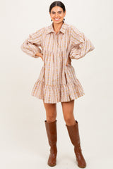 Tan Floral Print Shirring Half Buttoned Maternity Shirt Dress