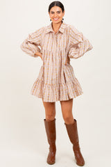 Tan Floral Print Shirring Half Buttoned Shirt Dress