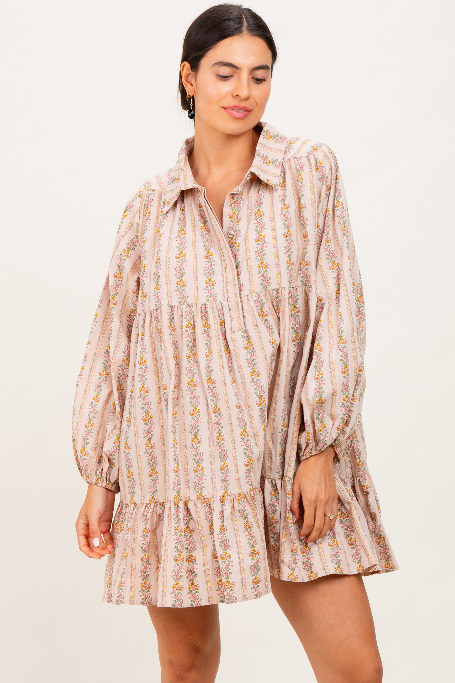 Tan Floral Print Shirring Half Buttoned Shirt Dress