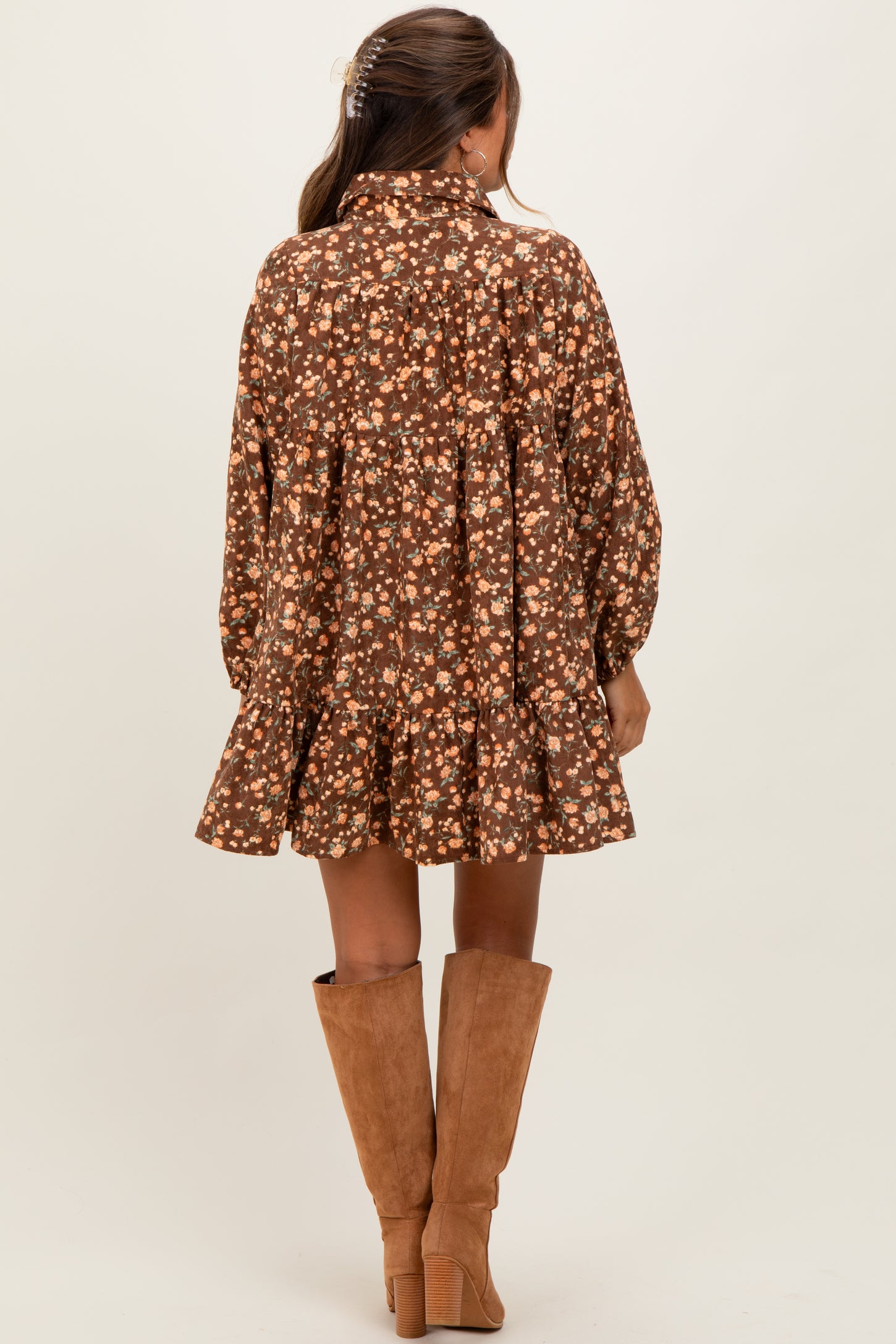 Brown Floral Print Shirring Half Buttoned Maternity Shirt Dress