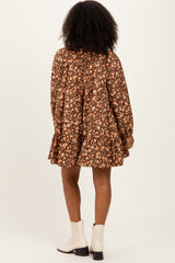 Brown Floral Print Shirring Half Buttoned Shirt Dress