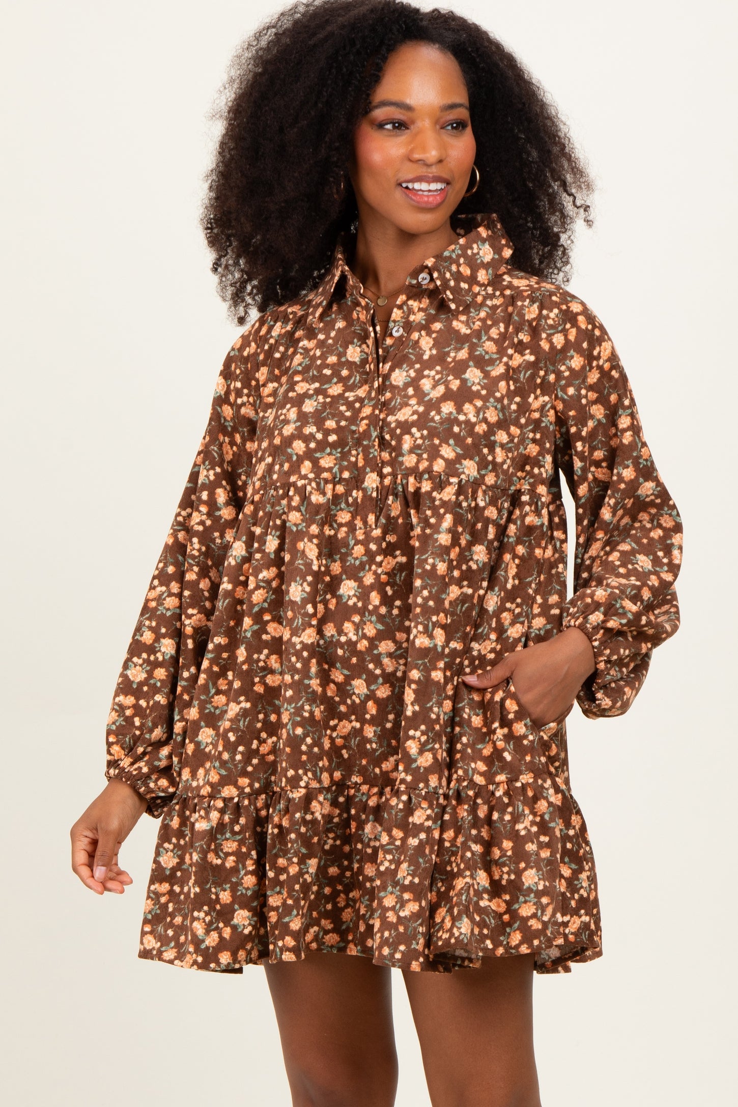 Brown Floral Print Shirring Half Buttoned Maternity Shirt Dress