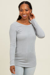 Silver Ribbed Scoop Neck Long Sleeve Top