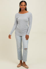 Silver Ribbed Scoop Neck Long Sleeve Top