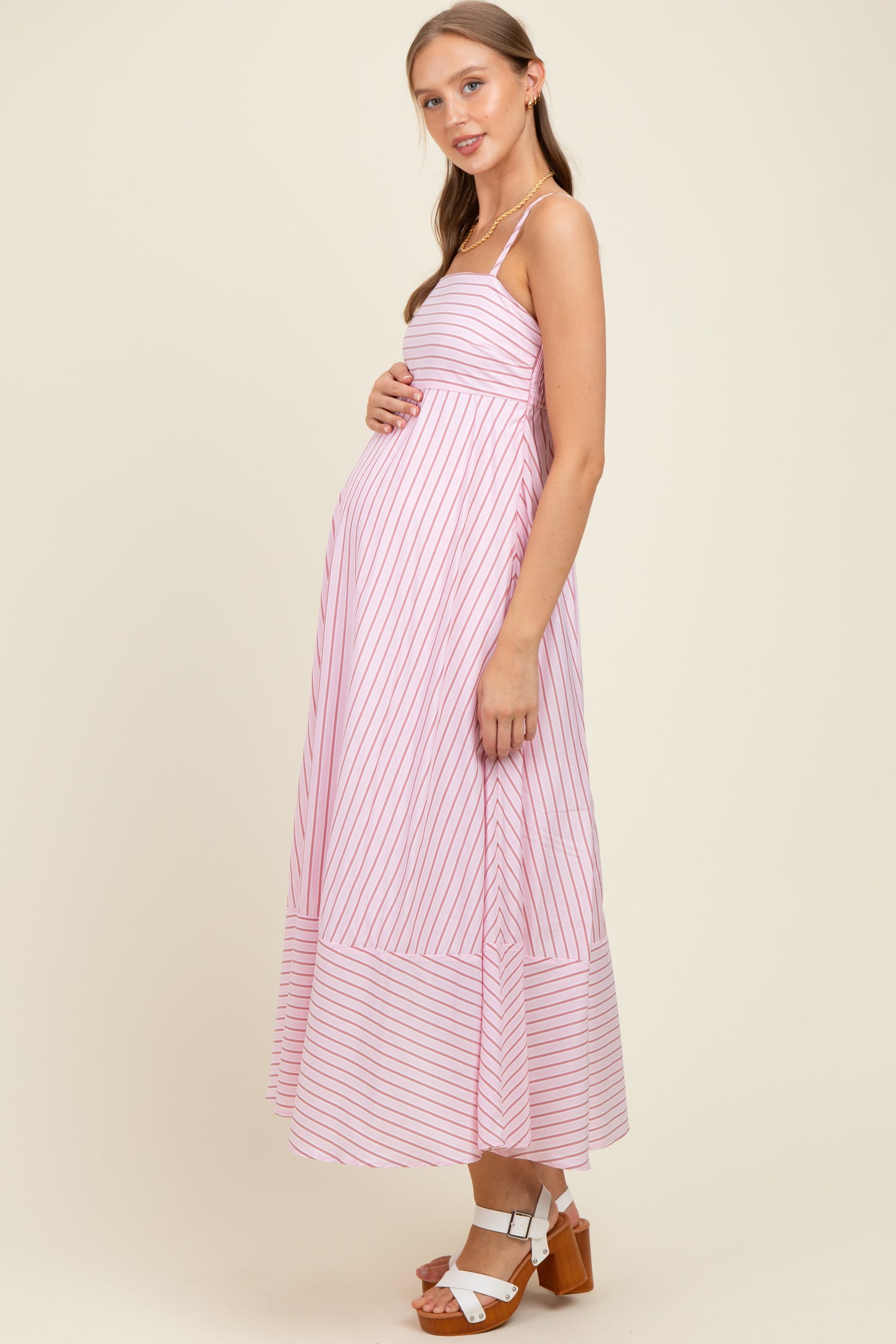 Light Pink Spaghetti Strap Stripe Maternity Maxi Dress