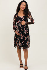 Black Floral Square Neck Long Sleeve Maternity Dress