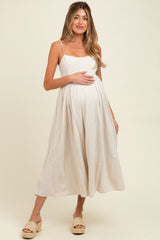 Beige Linen Ribbon Pattern Embroidered Maternity Midi Dress