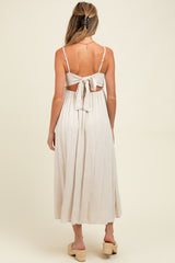 Beige Linen Ribbon Pattern Embroidered Maternity Midi Dress