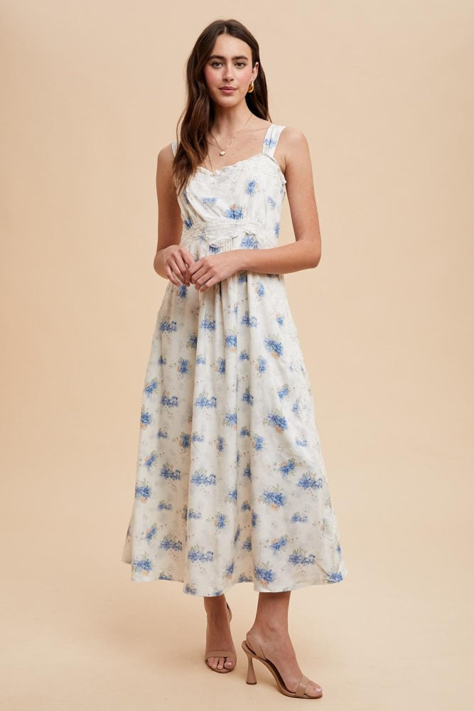 Blue Floral Lace Overlay Maxi Dress
