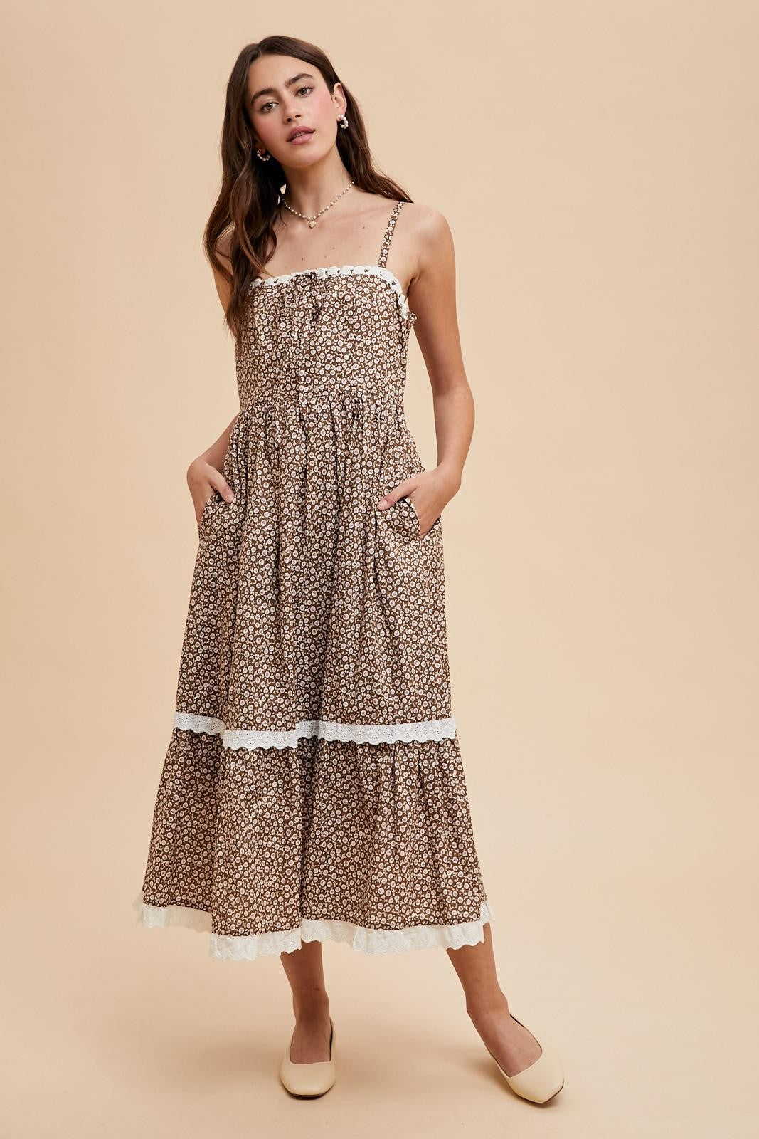 Mocha Mousse Lace Overlay Maxi Dress