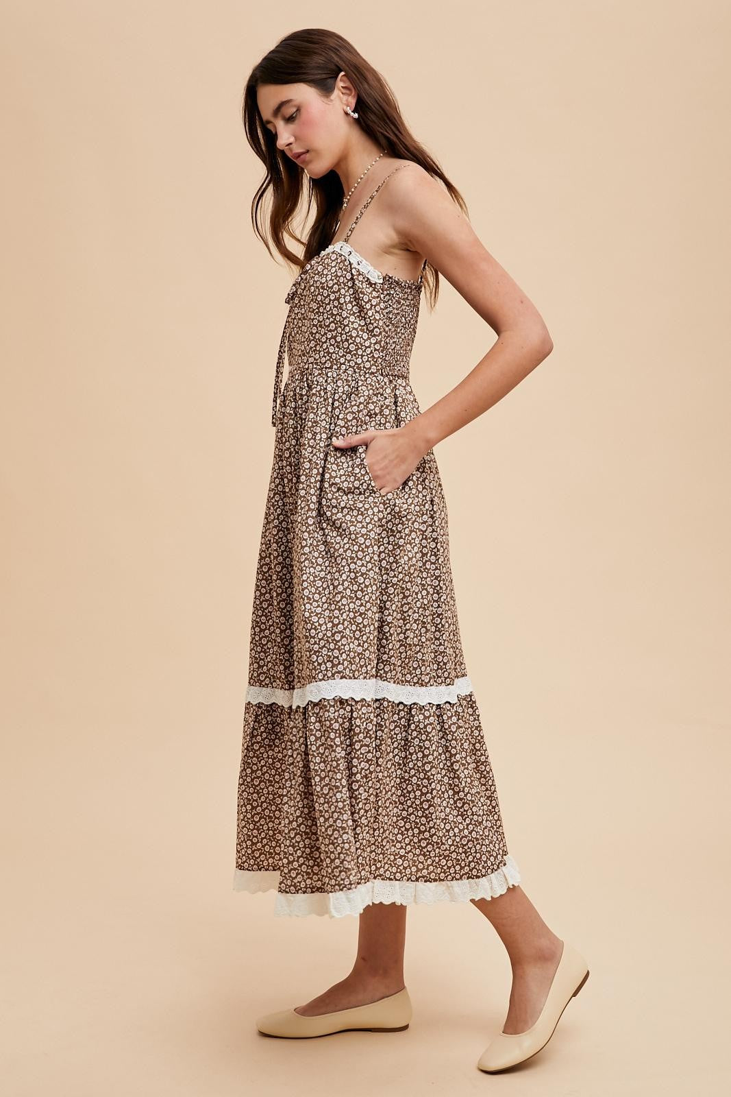Mocha Mousse Lace Overlay Maxi Dress