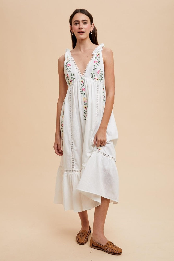 Ivory Embroidered Cotton Summer Maxi Dress