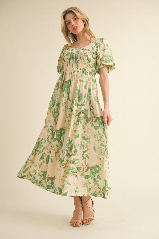 Green Print Puff Sleeve Square Neck Maxi Dress