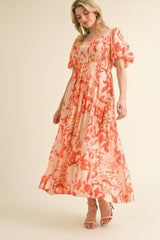 Orange Print Puff Sleeve Square Neck Maxi Dress