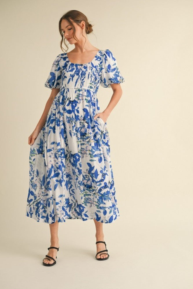 Royal Blue Print Puff Sleeve Square Neck Maxi Dress