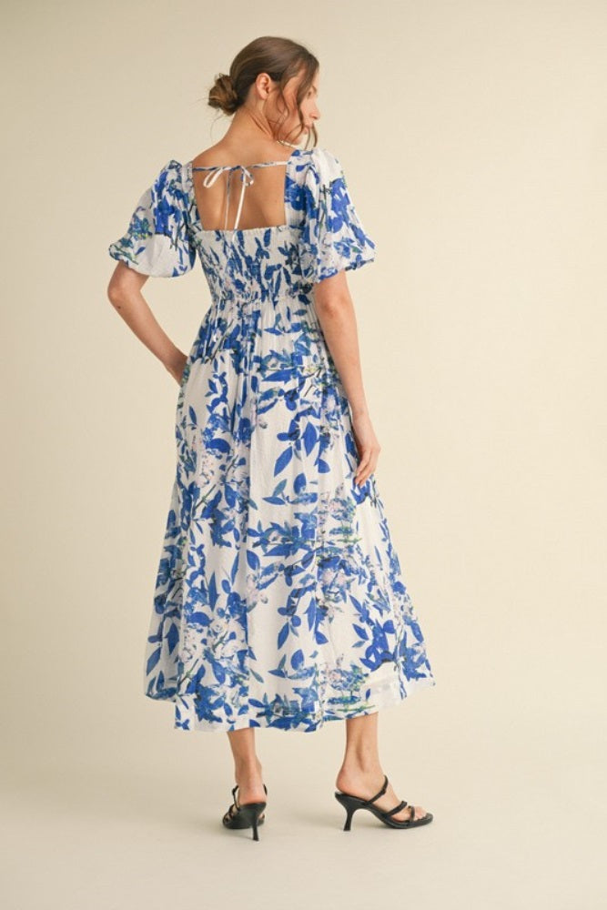 Royal Blue Print Puff Sleeve Square Neck Maxi Dress