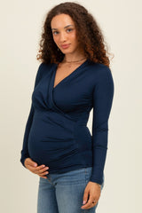 Navy Long Sleeve Wrap Front Maternity Nursing Top