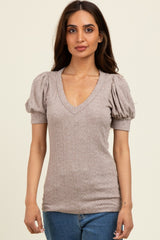Mocha Textured Short Puff Sleeve Maternity Top