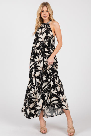 Black/Beige Print Halter Neck Tiered Maxi Dress