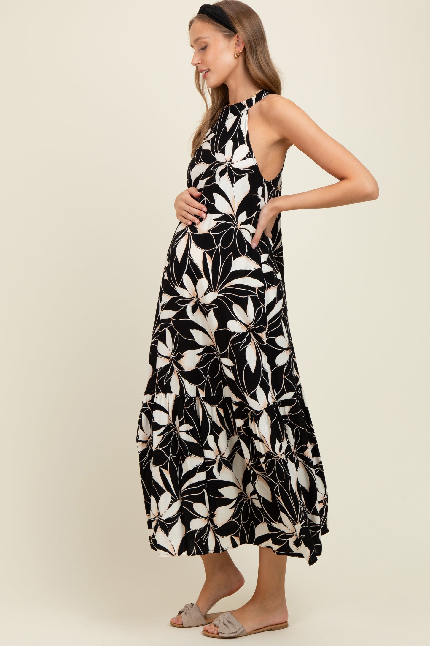 Black/Beige Print Halter Neck Tiered Maternity Maxi Dress