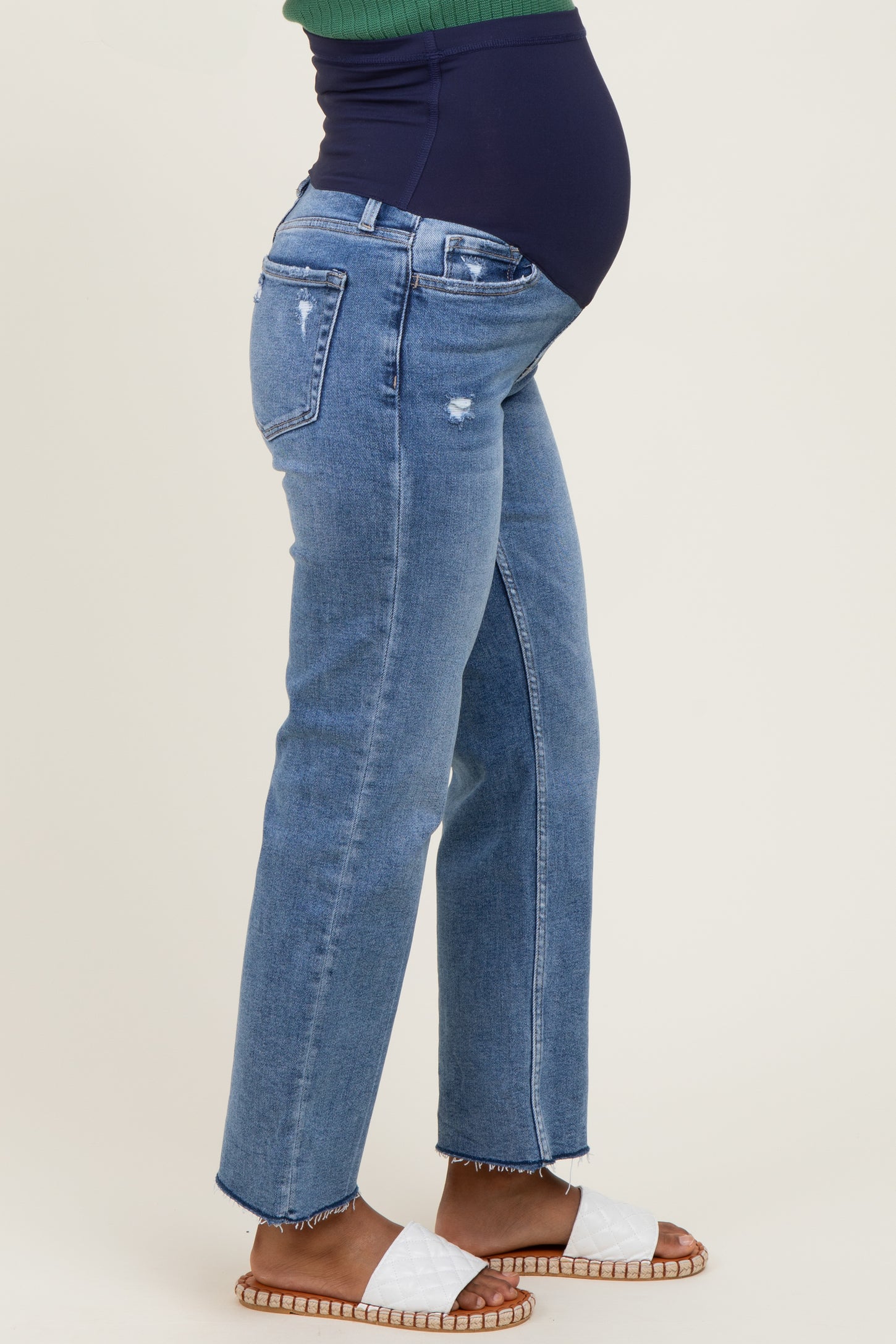 Blue High Rise Raw Hem Ankle Straight Maternity Jeans
