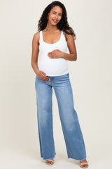 Medium Blue High Rise Frayed Hem Wide Leg Maternity Jeans