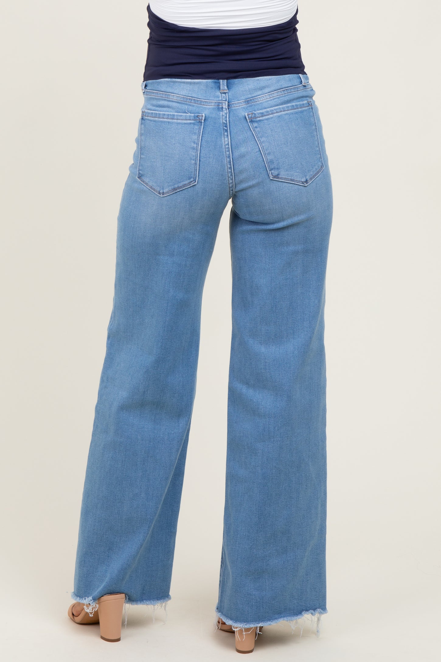 Medium Blue High Rise Frayed Hem Wide Leg Maternity Jeans