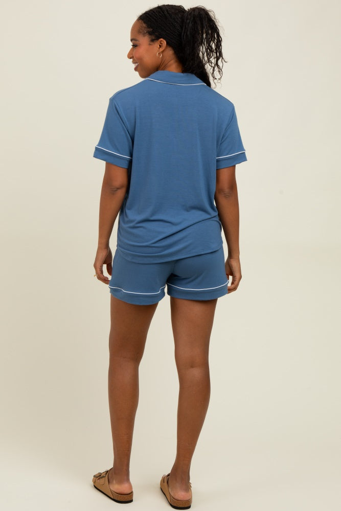 Dusty Blue Short Sleeve Button Down Shirt Shorts Set