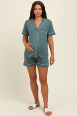 Light Olive Short Sleeve Button Down Shirt Shorts Maternity Set