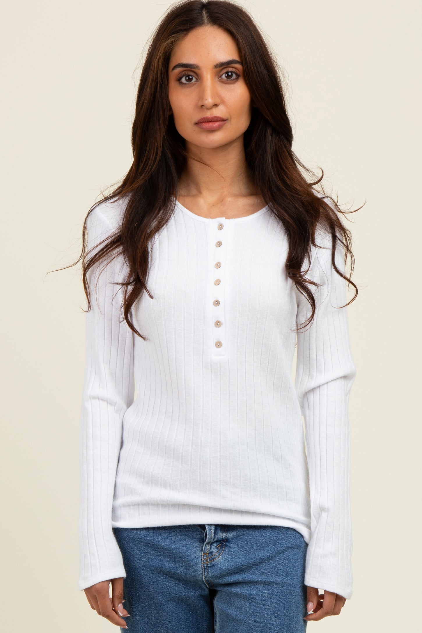 Off White Ribbed Knit Button Long Sleeve Top
