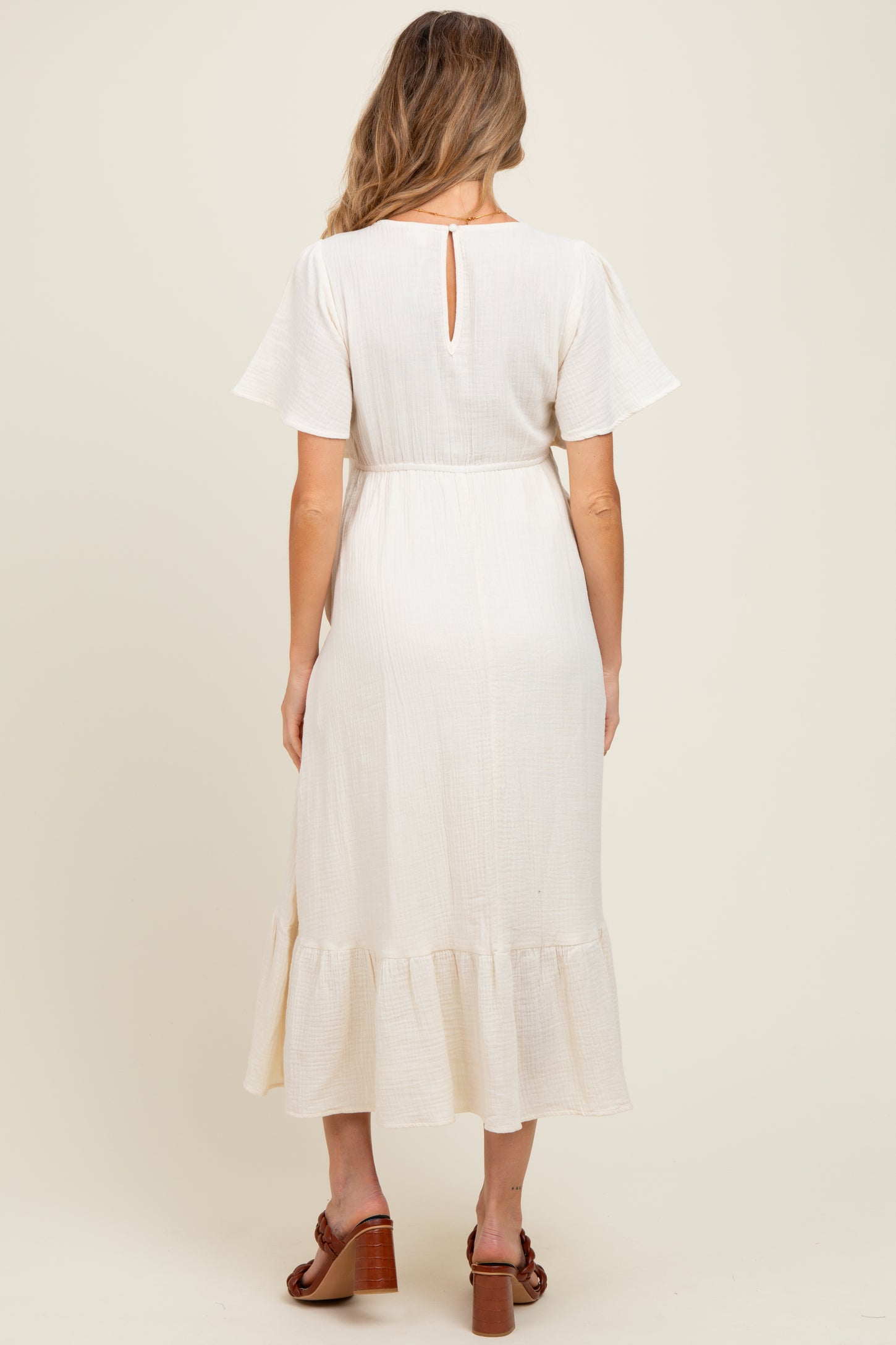 Cream Bust Knot Cotton Gauze Maternity Midi Dress
