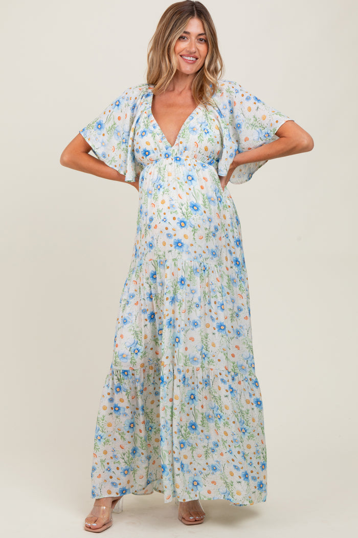Blue Floral V-Neck Flowy Tiered Maternity Maxi Dress