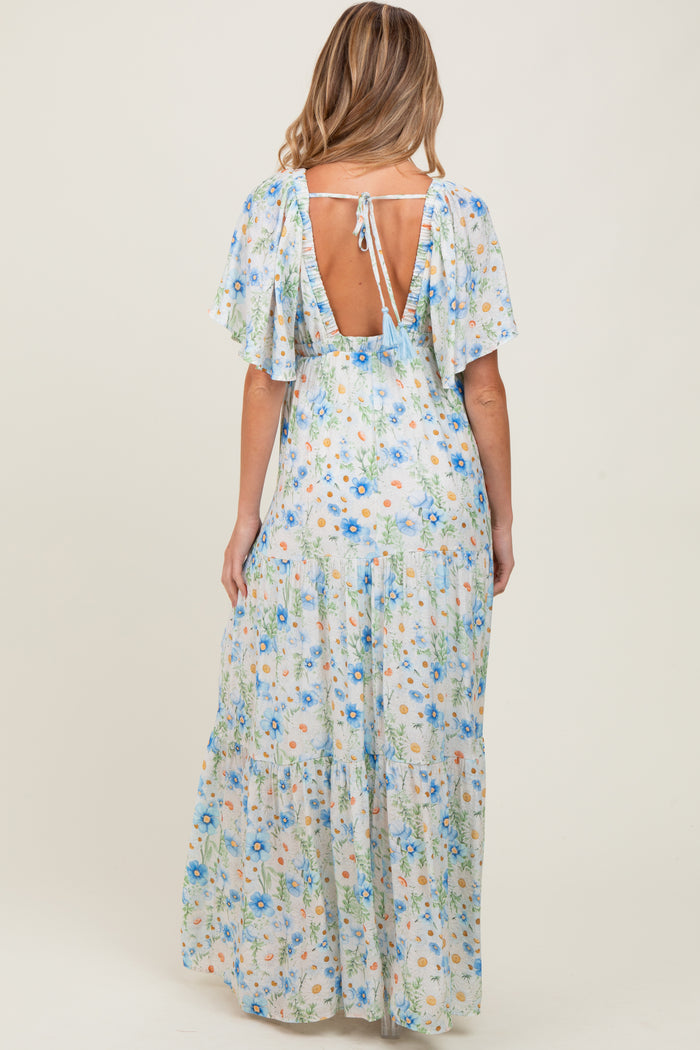 Blue Floral V-Neck Flowy Tiered Maternity Maxi Dress