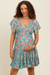 Mint Smocked Bodice V Neck Flutter Sleeve Maternity Dress