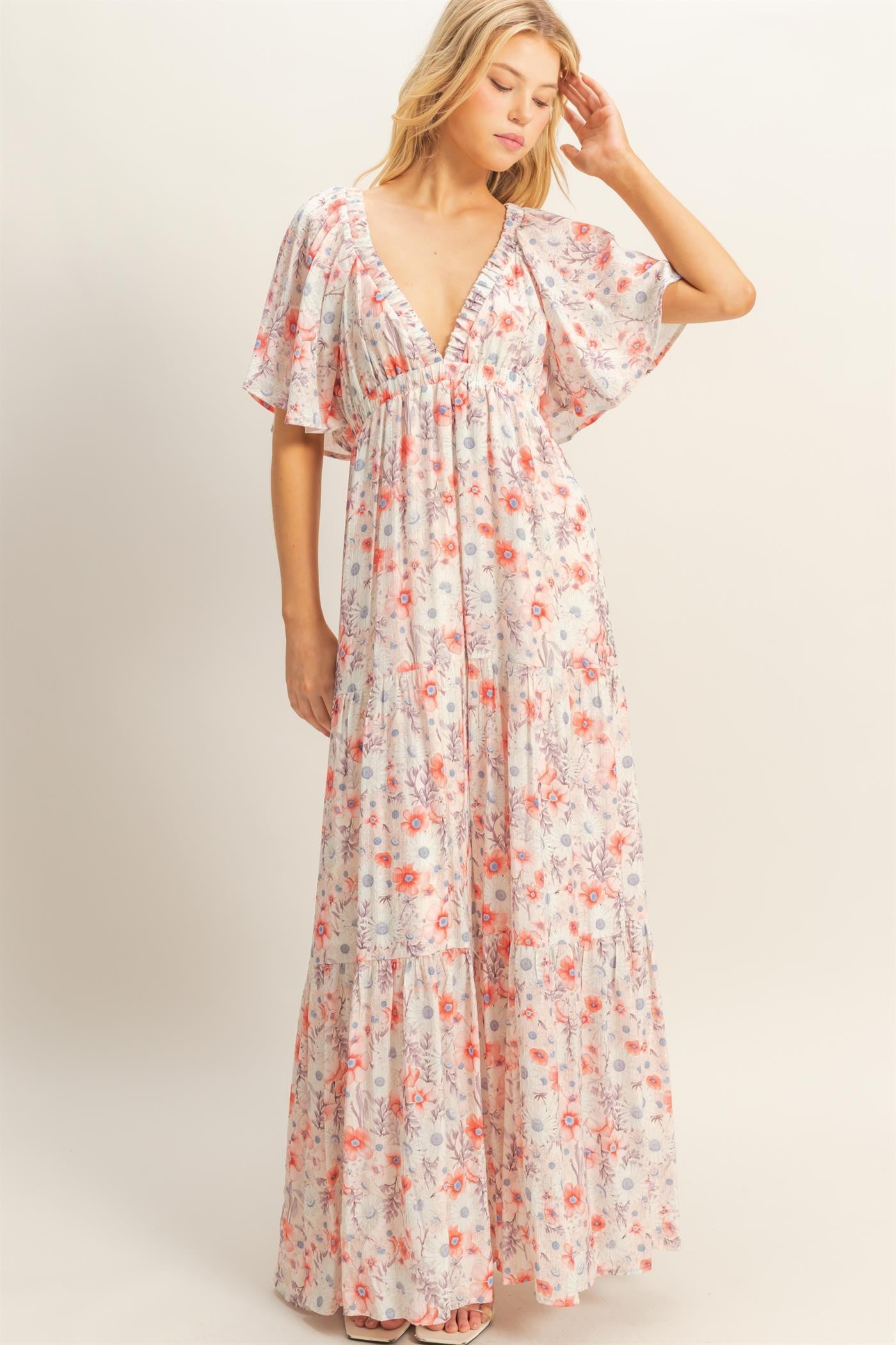 Coral Floral V-Neck Flowy Tiered Maxi Dress
