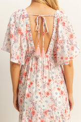 Coral Floral V-Neck Flowy Tiered Maxi Dress