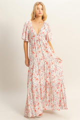 Coral Floral V-Neck Flowy Tiered Maternity Maxi Dress