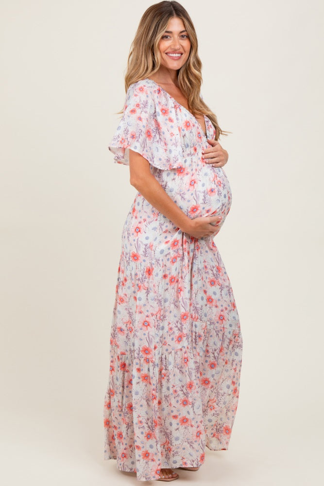 Coral Floral V-Neck Flowy Tiered Maternity Maxi Dress
