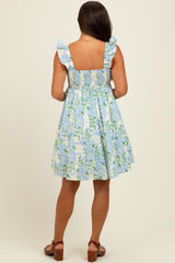 Blue Floral Print Smocked Back Maternity Dress