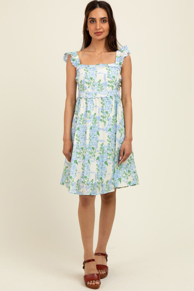 Blue Floral Print Smocked Back Maternity Dress