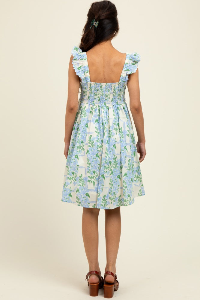 Blue Floral Print Smocked Back Dress
