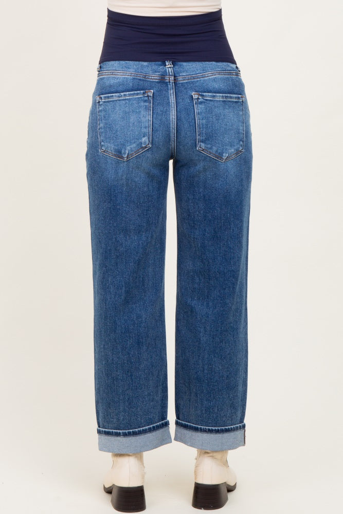 Dark Mid Rise Ankle Barrel Turn Up Cuffed Maternity Jeans